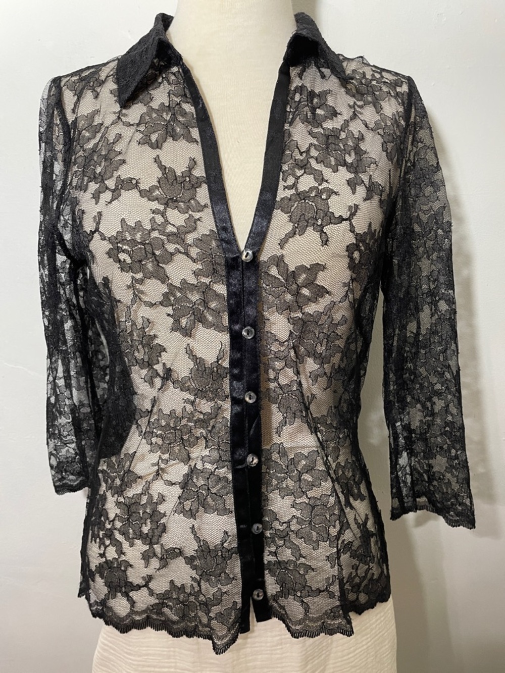 The Limited Black Lace Button-up Top with Johnny Collar